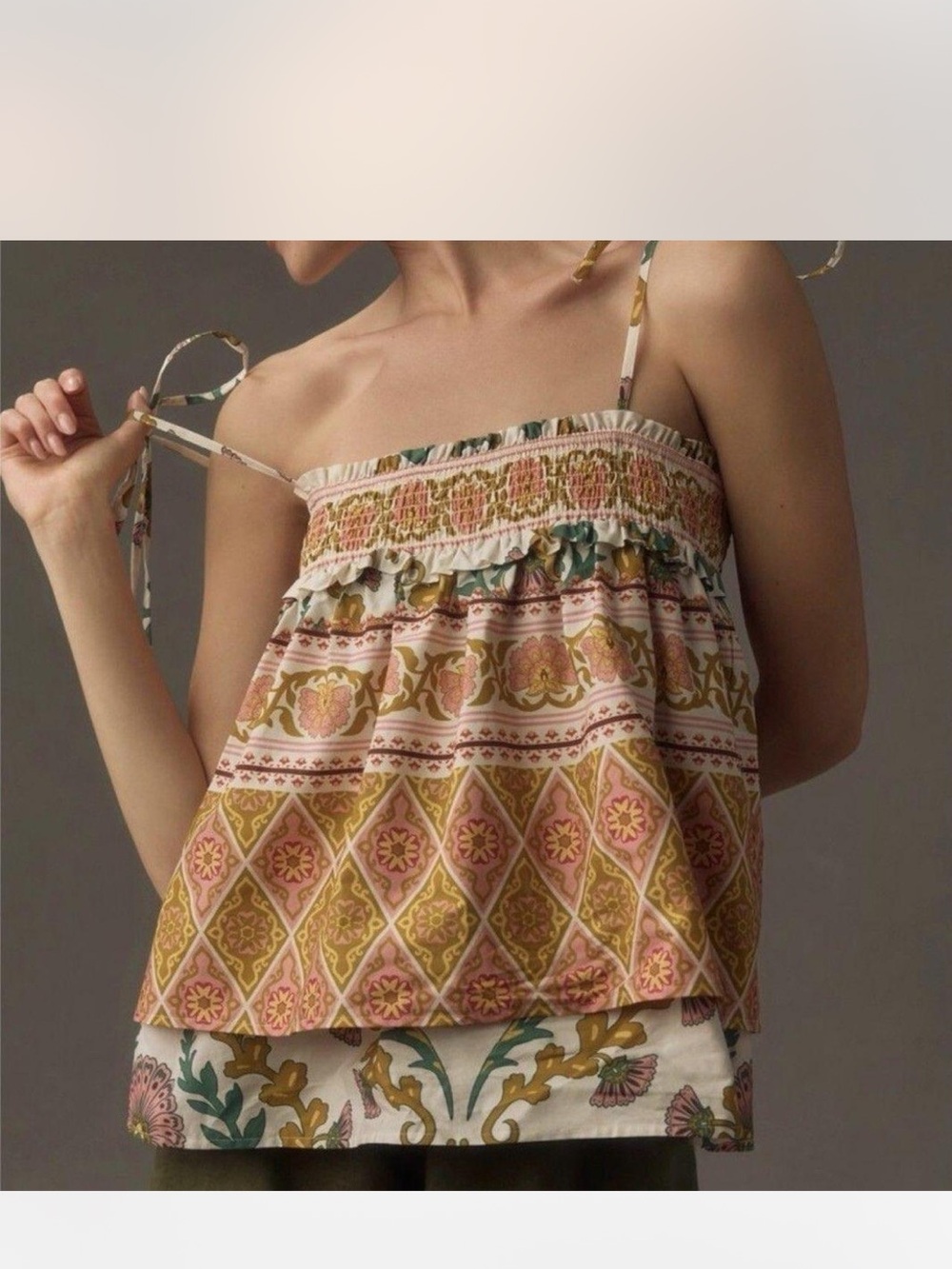 Anthropologie Pink and Gold Floral Tie-Shoulder Smocked Camisole cotton